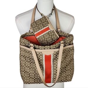 Coach Signature Stripe Tote & Wristlet Set Khaki Orange F27008 With Dust Bag